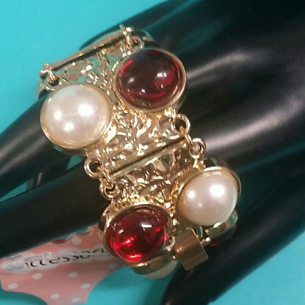Charming Charlies red, white bead on gold bracelet